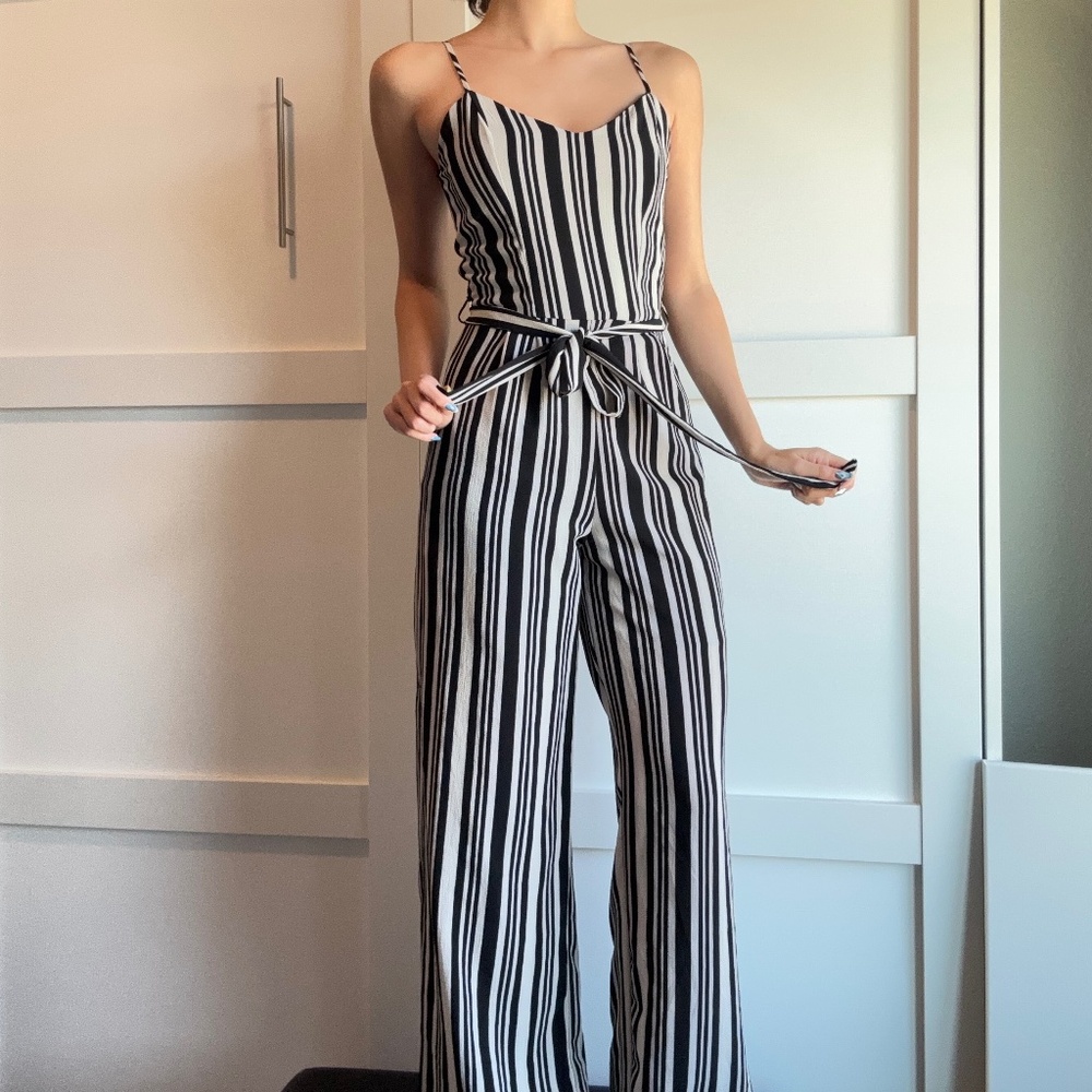 A pinstriped jumpsuit for work